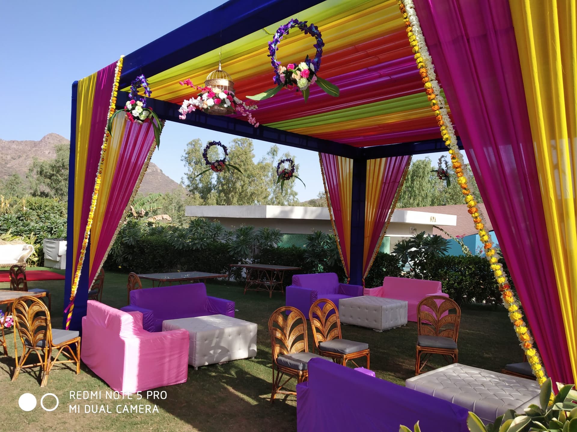 Draped wedding pavilion with colourful fabrics