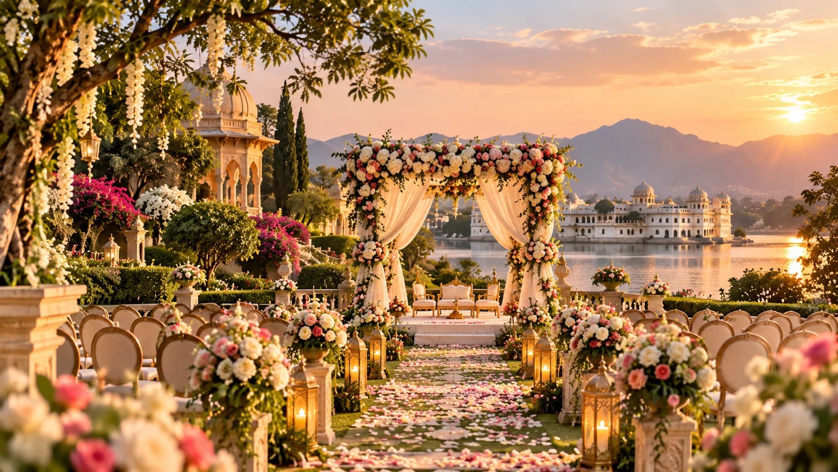 Garden wedding arch above the lake, garden wedding venue in Udaipur