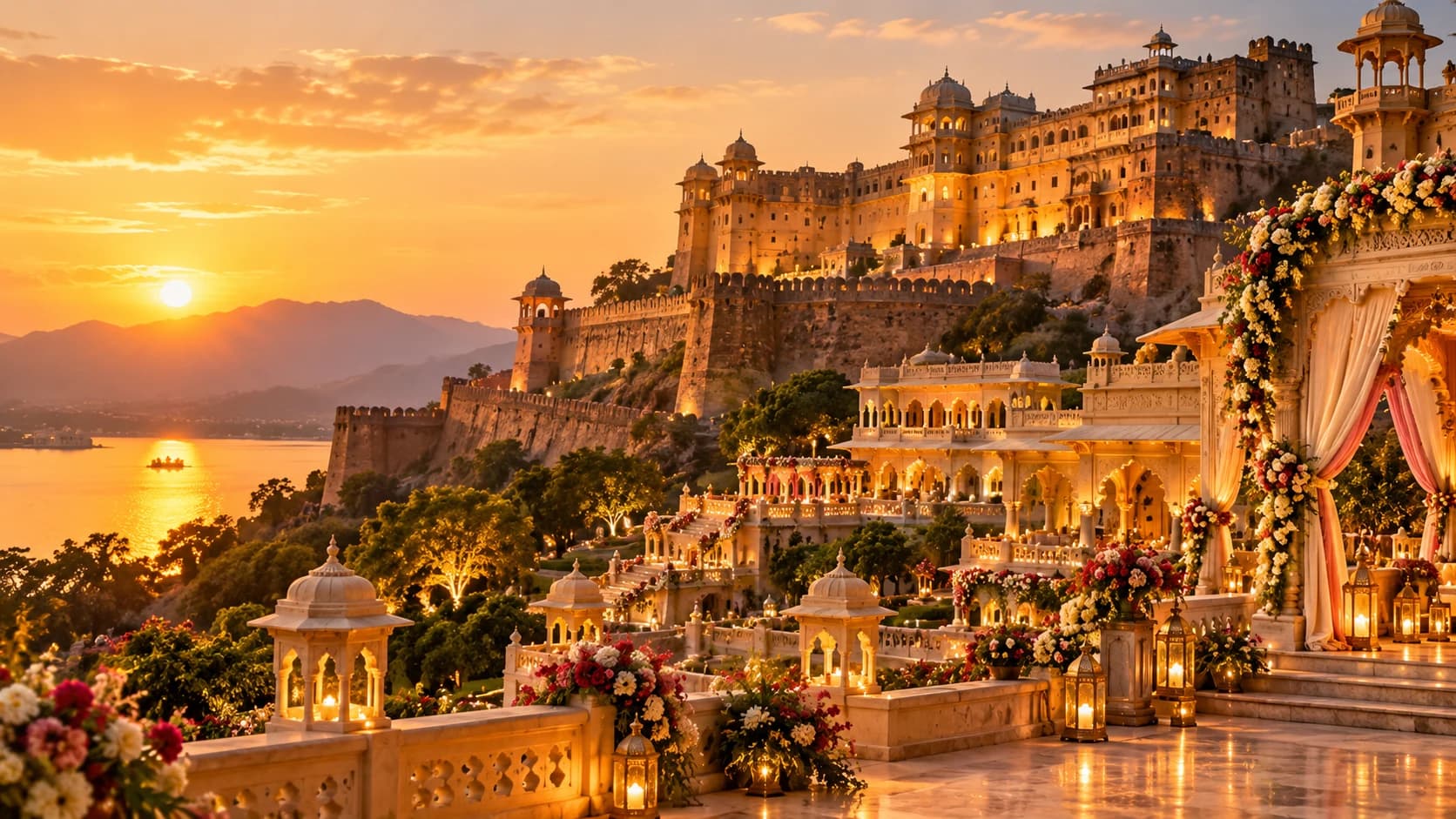 Historic palace and fort by the lake at golden hour, palace wedding venue in Udaipur