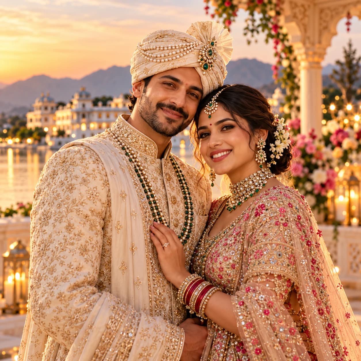 Wedding couple embracing among flowers at a palace
