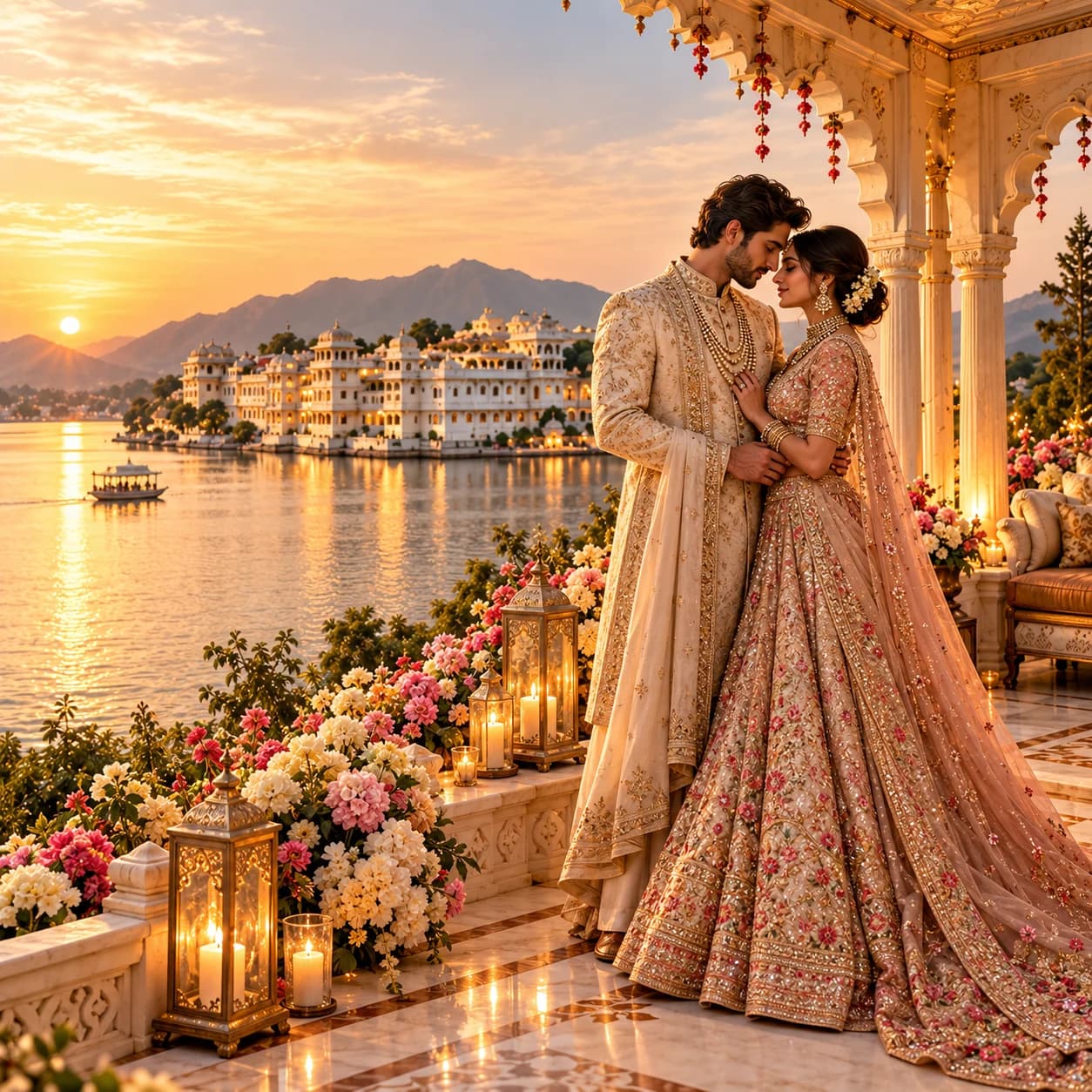 Couple dancing on a floral palace terrace by the lake