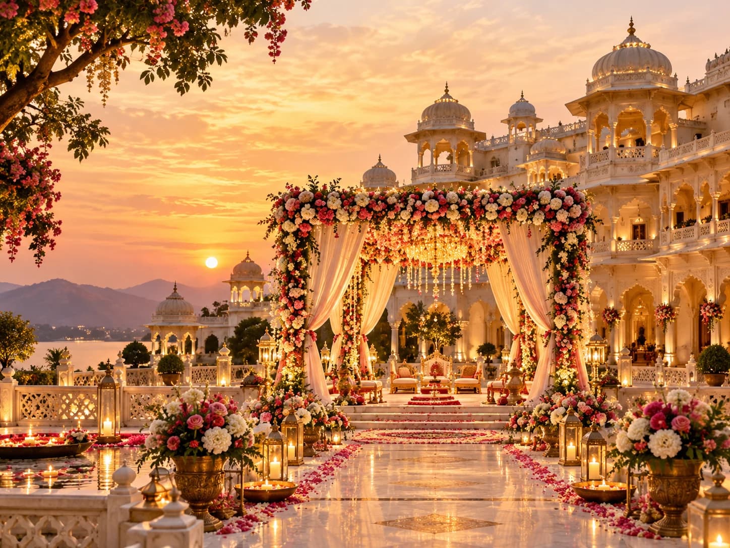Palace wedding mandap at sunset, wedding planner in Udaipur