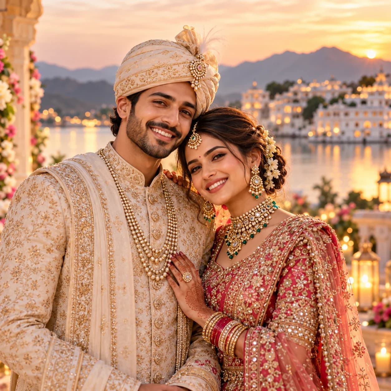 Couple portrait at golden hour with the lake palace behind