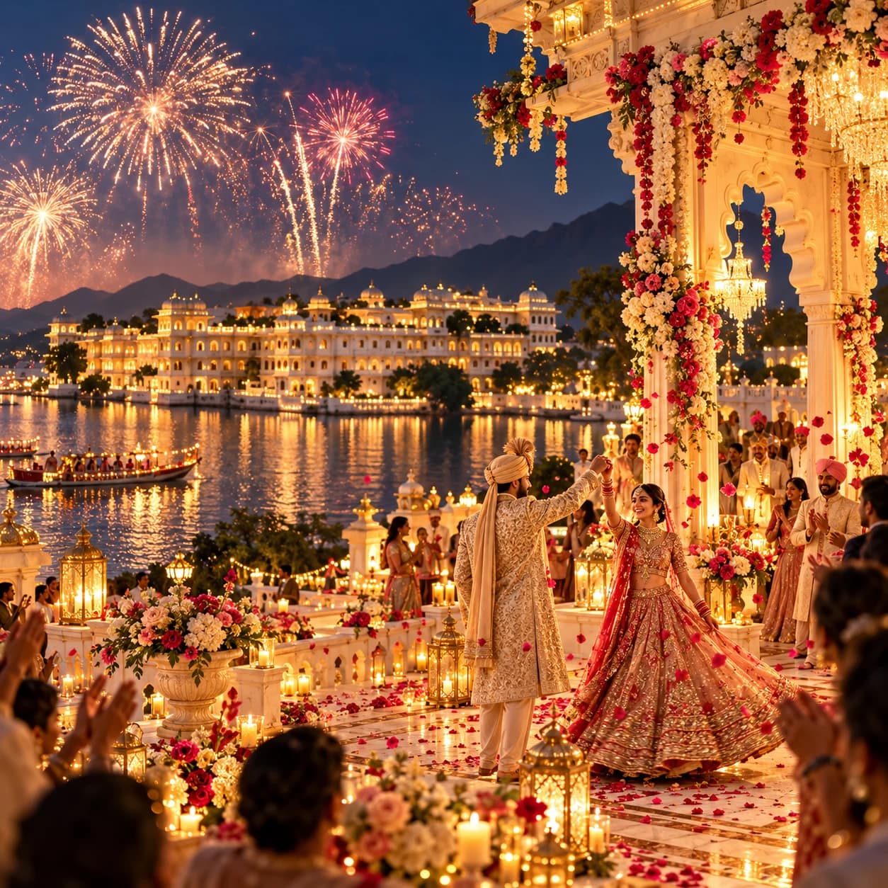 Lakeside palace wedding celebration with fireworks