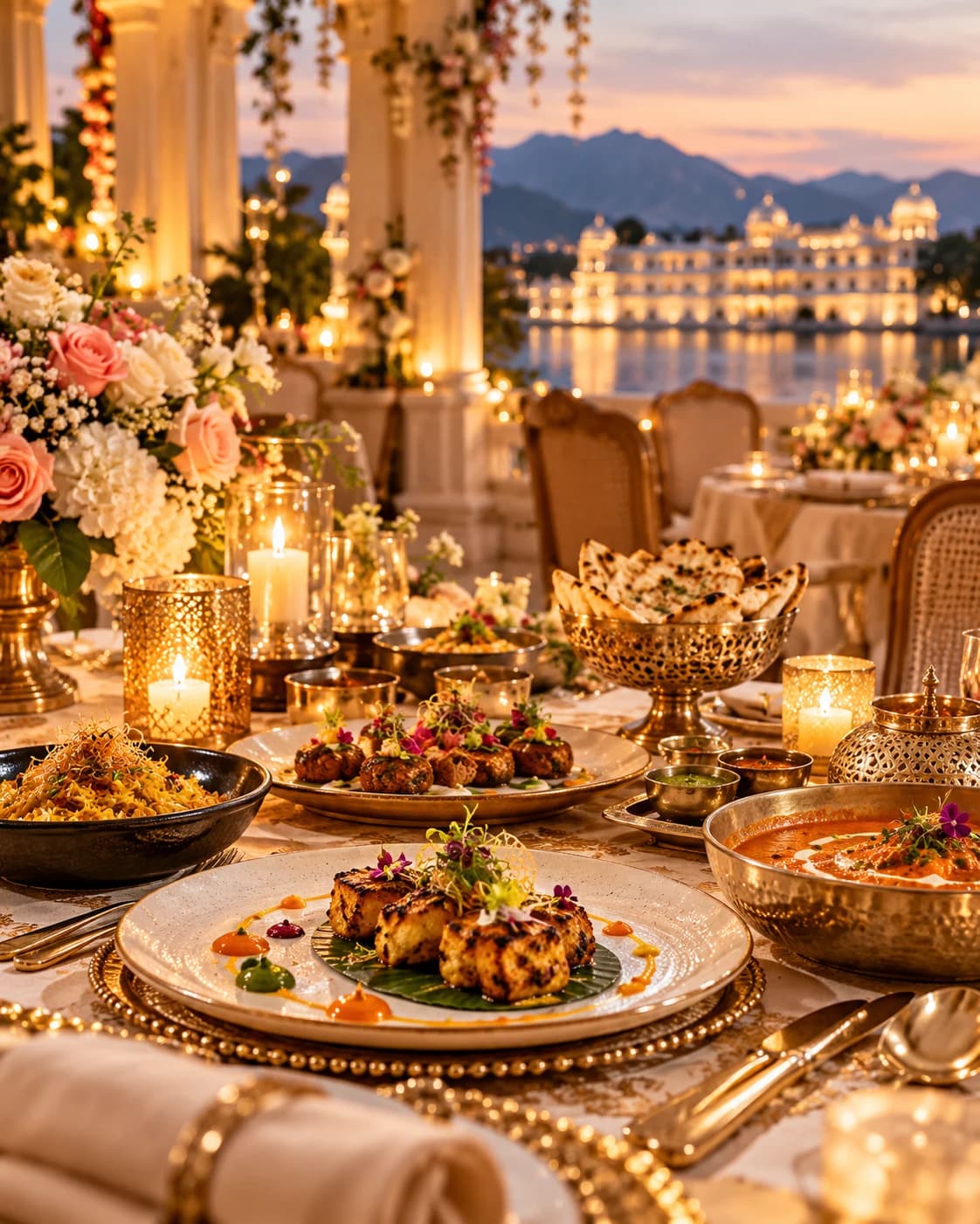 Indian wedding banquet plates on a lakefront table, wedding catering