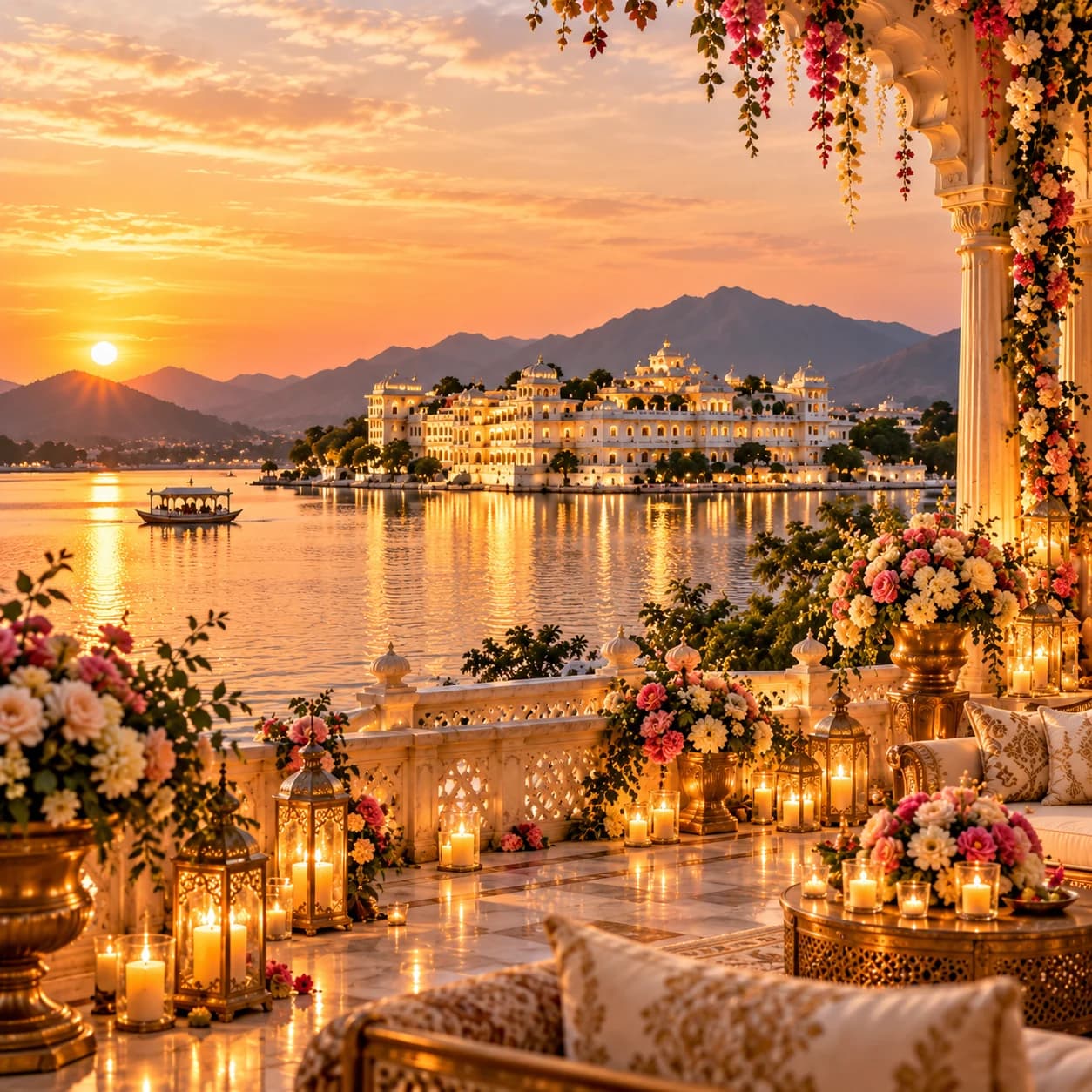Lantern-lit palace terrace set for a wedding at sunset