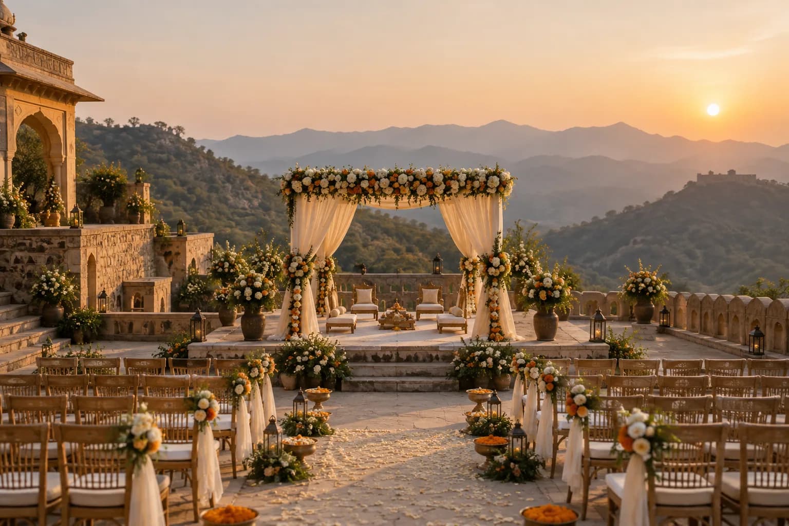 A hillside wedding setting in Kumbhalgarh with a floral mandap and views across the Aravalli hills.