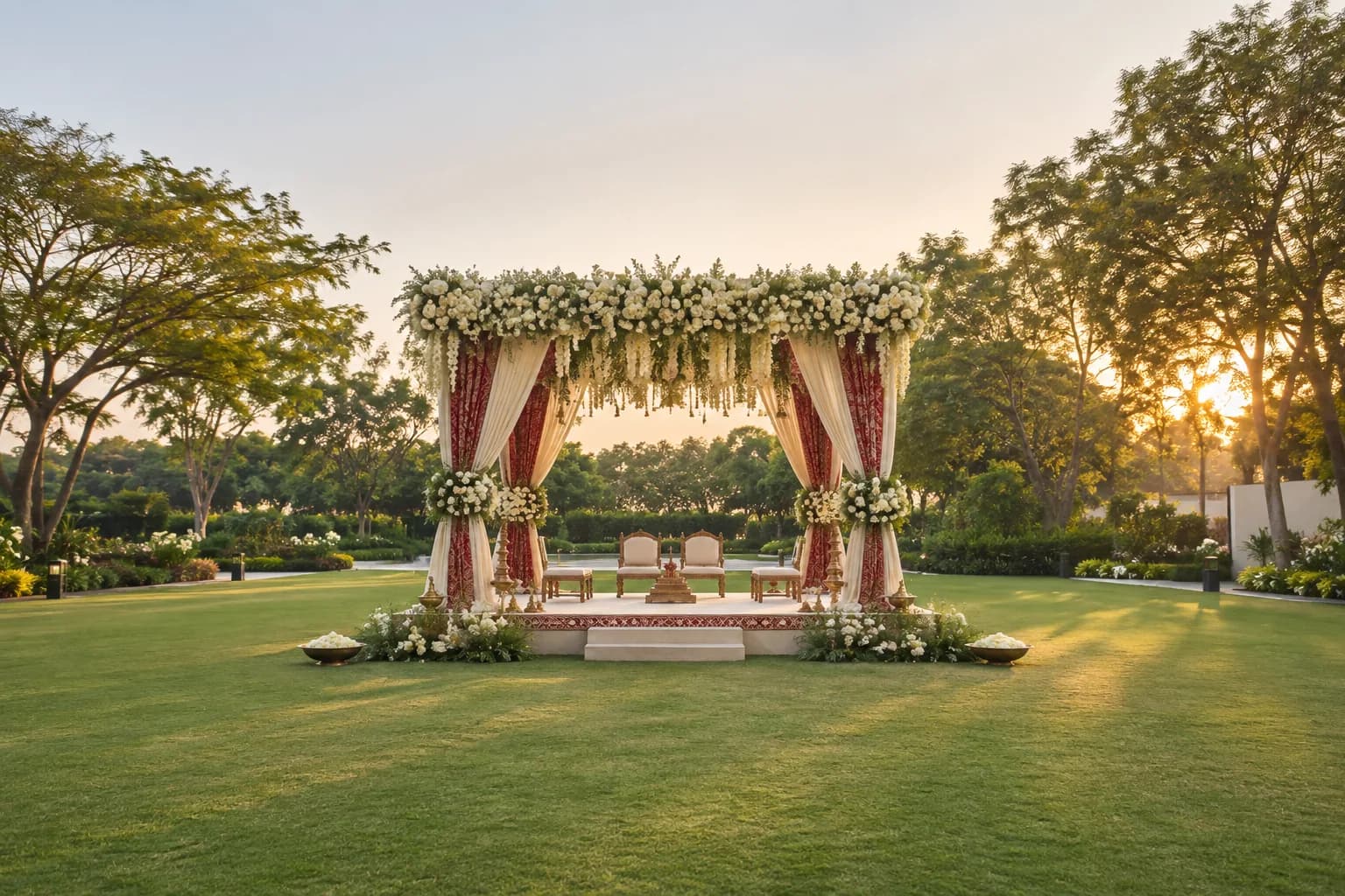 A floral wedding mandap on a leafy hotel lawn in Gandhinagar, with subtle Gujarati textile details.