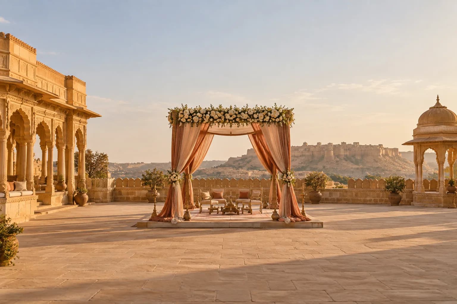 A wedding mandap in a golden sandstone courtyard in Jaisalmer at sunset.