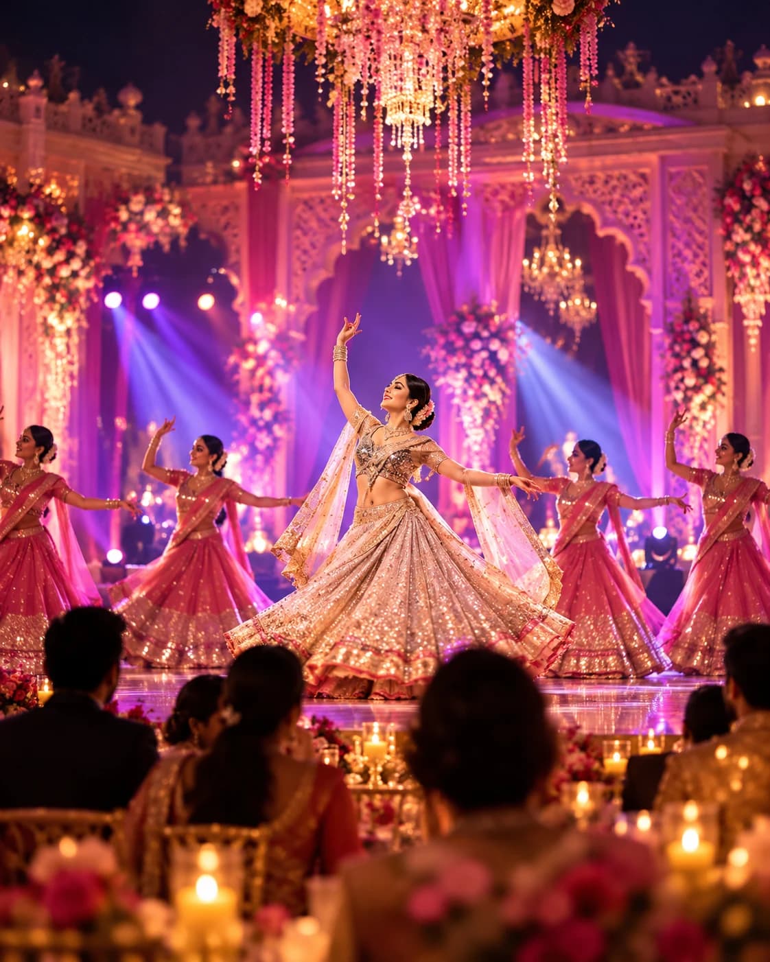 Dancers performing on a pink stage at a wedding sangeet
