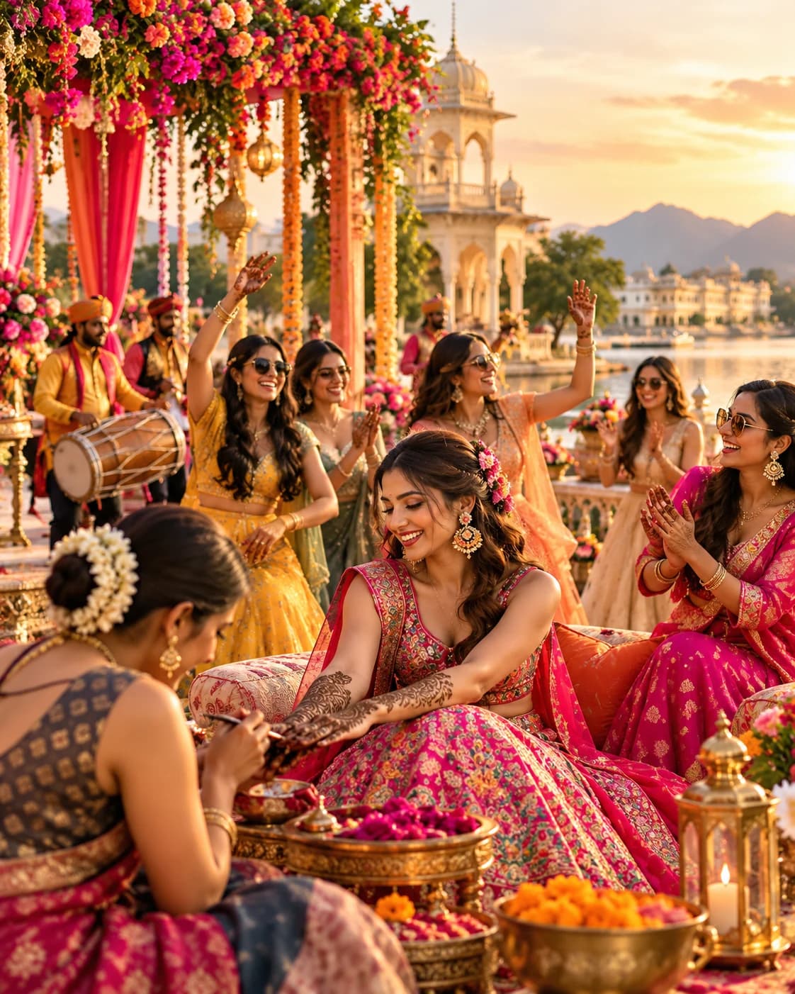 Women celebrating a mehendi function with flowers by the lake