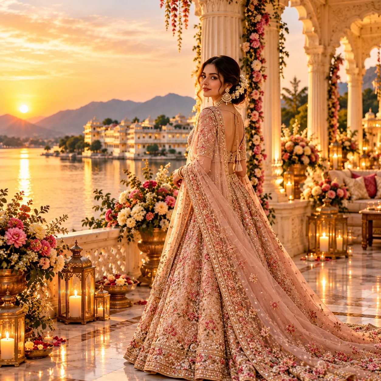Bride walking along a palace terrace at sunset