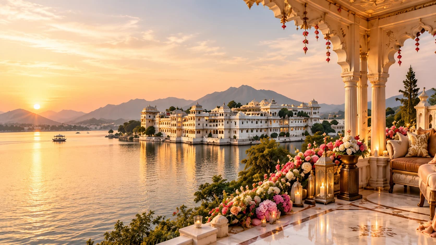 Lake palace terrace at golden hour, wedding planning guides for Udaipur