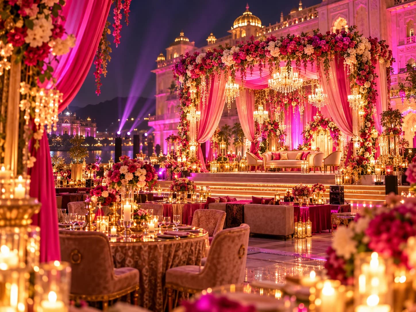 Pink and gold sangeet stage under palace lights