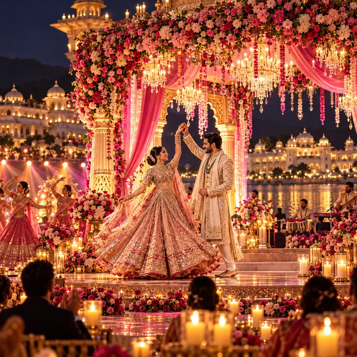 Beautiful chandeliers and blooms for wedding in Gandhinagar