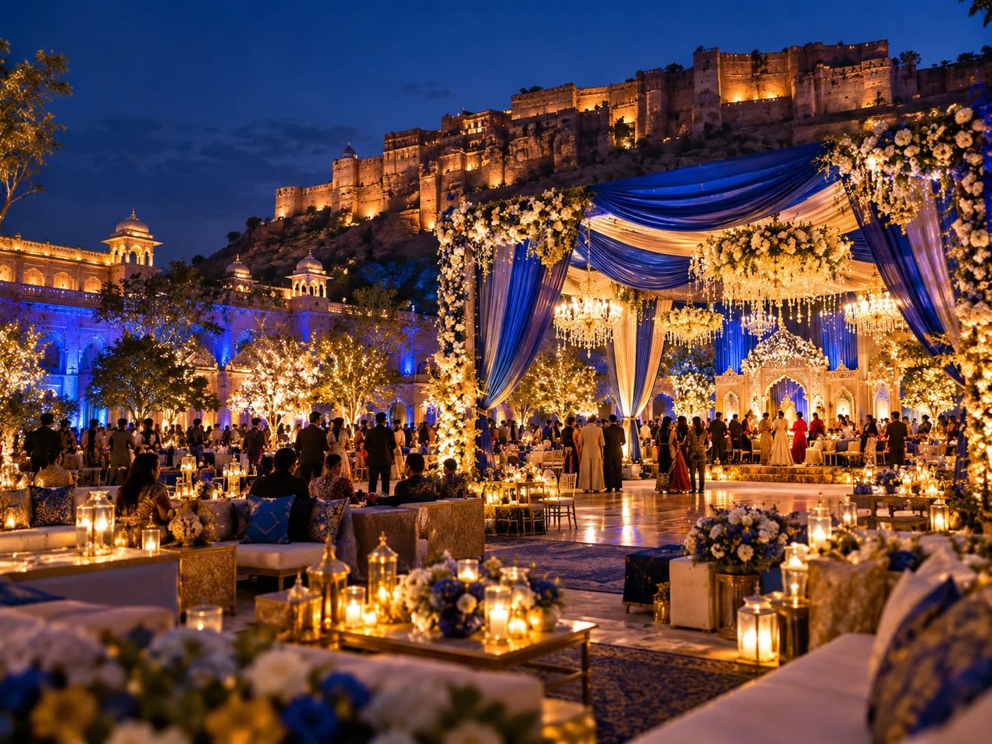 Fort wedding with blue drapes lit at night in Rajasthan