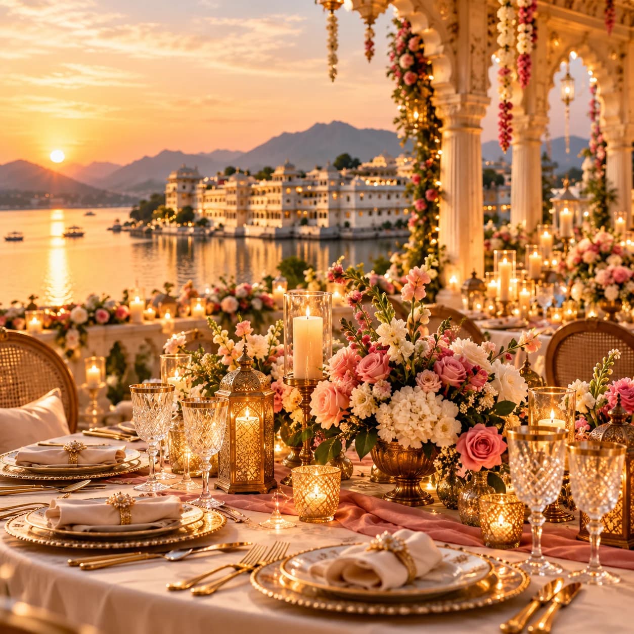 Lakeside banquet table at sunset, wedding catering in Udaipur