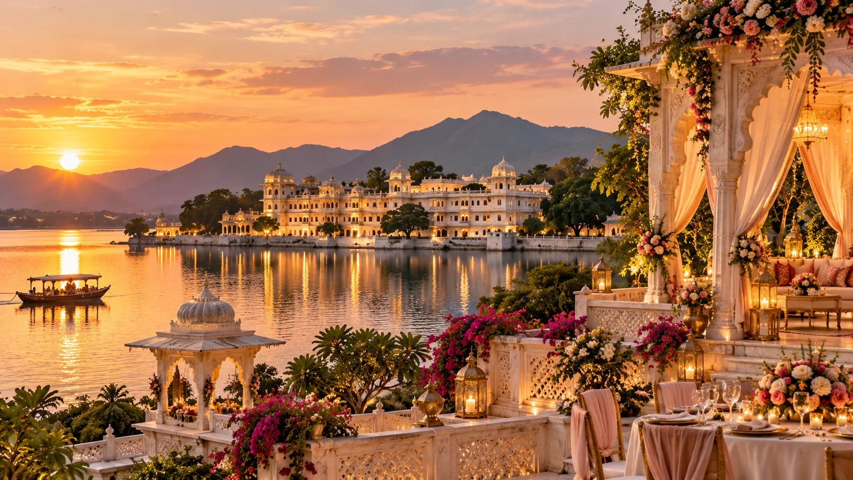 Lake palace wedding setup at sunset, palace wedding decor in Udaipur