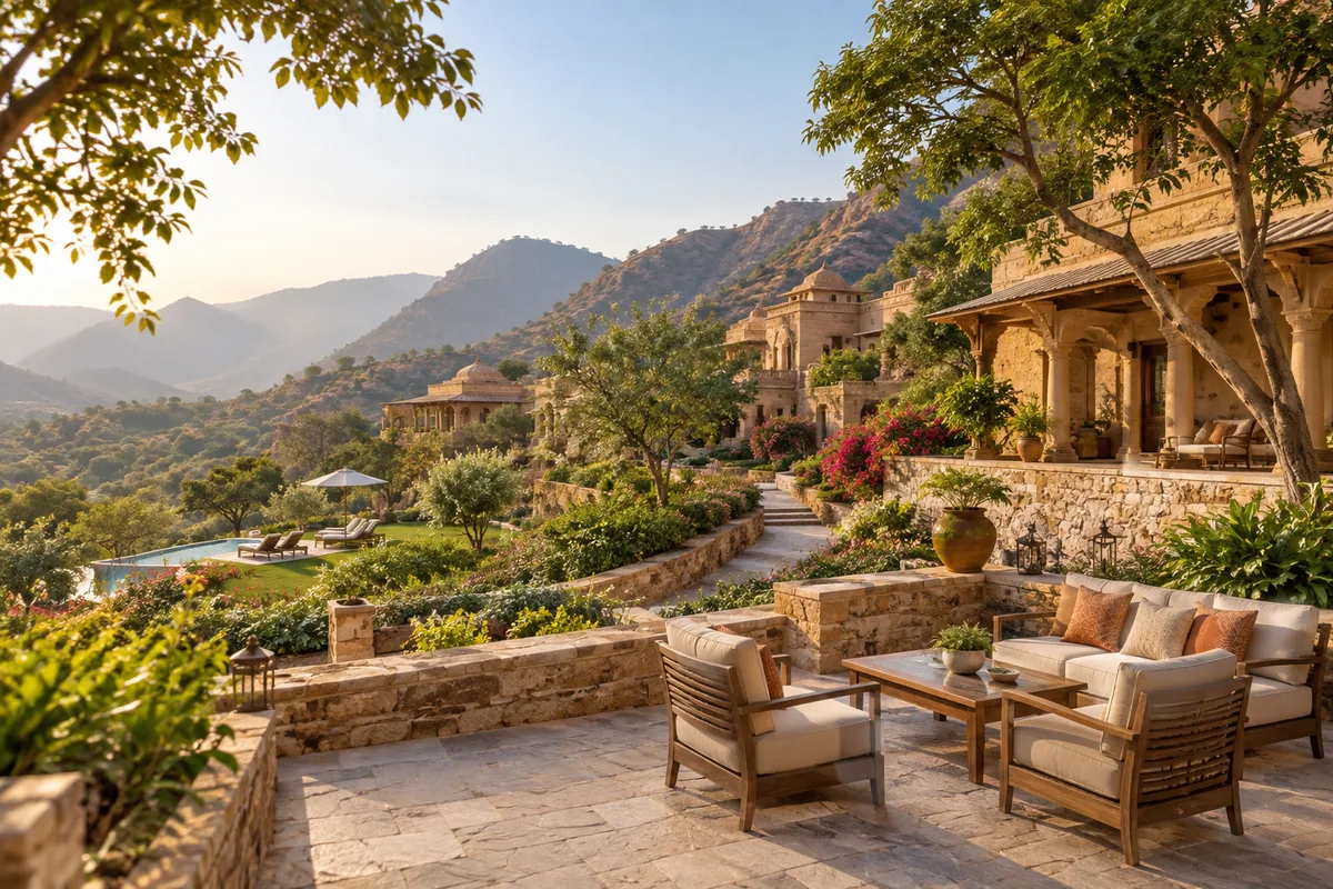 Stone resort buildings and garden paths overlooking the hills around Kumbhalgarh.