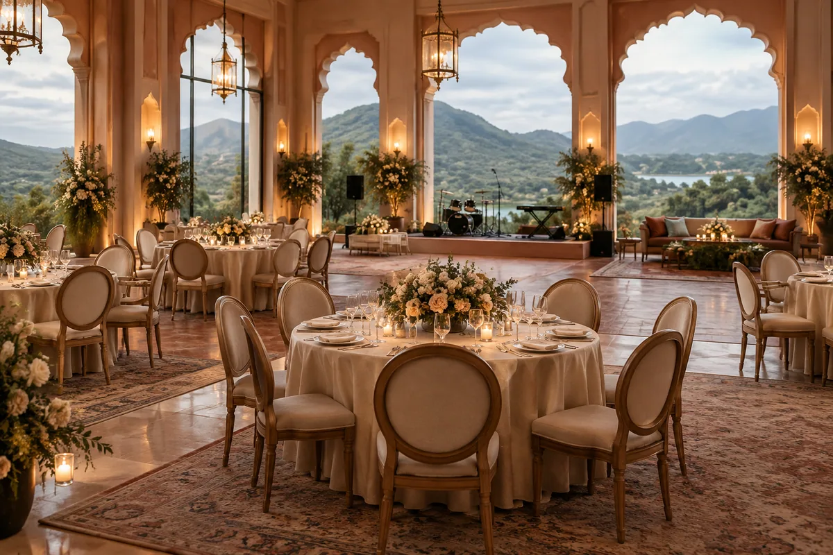 An enclosed wedding dining space with floral arrangements and generous aisles between tables.